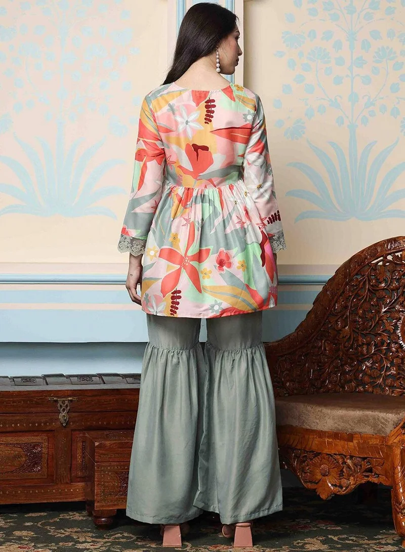 ISHIN Women's Multicolour 100% Cotton Printed A-Line Kurta Set
