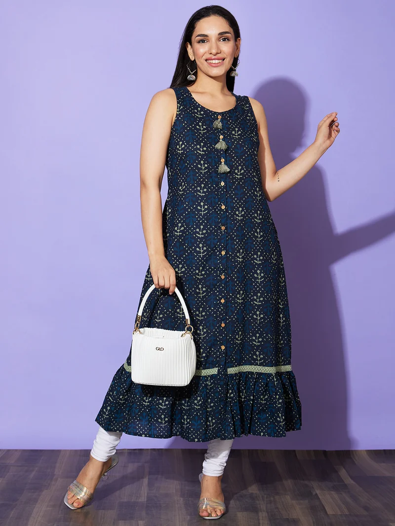 globus Women Blue Ethnic Motifs Round Neck Cotton Casual A Line Kurta