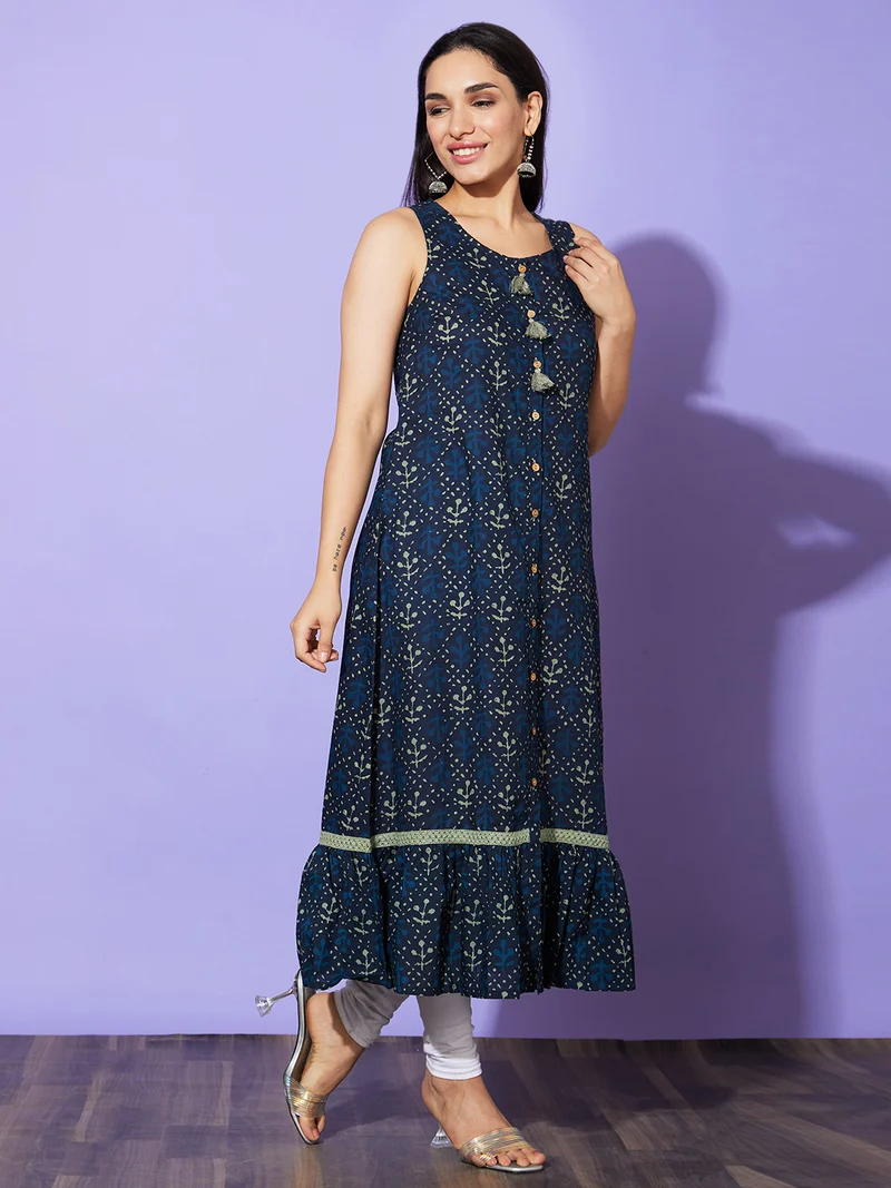 globus Women Blue Ethnic Motifs Round Neck Cotton Casual A Line Kurta