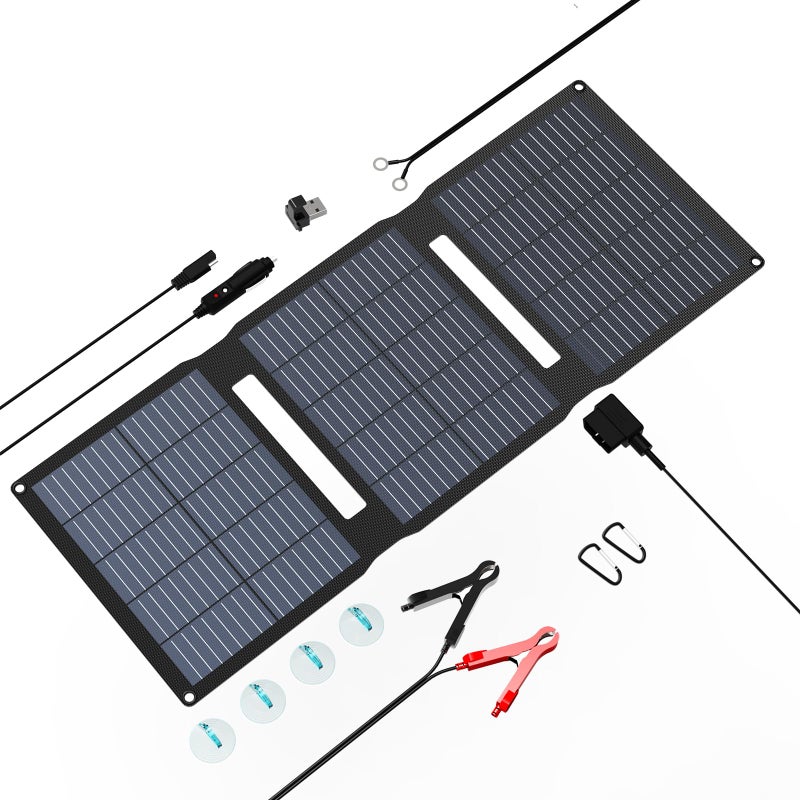 FlexSolar 28W Foldable Solar Panel Trickle Charger Maintainer Kits 12V DC QC30 USB Output with Builtin Controller Includes Cigarette Lighter Alligator Clips ORingsOBDII Connector - Image 2