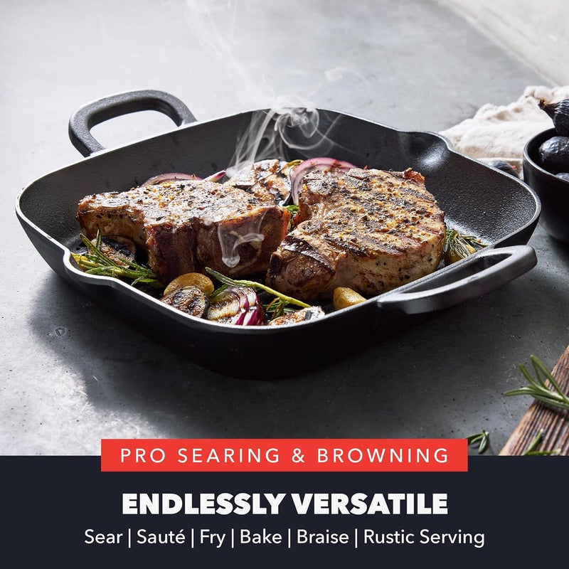 Greenpan x Bobby Flay Cast Iron 11” Square Grill Pan, Pre-Seasoned Professional Grade Heavy Duty Skillet, Helper Handles, Induction Suitable, Stovetop, Oven, BBQ & Fire, Indoor & Outdoor Use, Black - Image 5