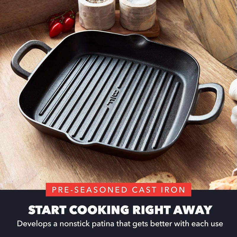 Greenpan x Bobby Flay Cast Iron 11” Square Grill Pan, Pre-Seasoned Professional Grade Heavy Duty Skillet, Helper Handles, Induction Suitable, Stovetop, Oven, BBQ & Fire, Indoor & Outdoor Use, Black - Image 2
