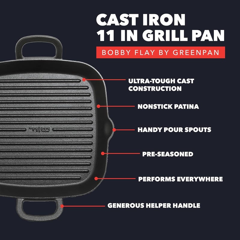 Greenpan x Bobby Flay Cast Iron 11” Square Grill Pan, Pre-Seasoned Professional Grade Heavy Duty Skillet, Helper Handles, Induction Suitable, Stovetop, Oven, BBQ & Fire, Indoor & Outdoor Use, Black - Image 4