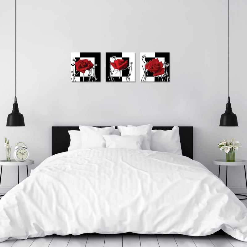 NAN Wind 3 pc Red Rose Wall Decor Black and White Red Rose Pictures for Wall Canvas Art Bedroom Decor Red Wall Art Flower Picture on Canvas for Home Decor Stretched and Framed 12X12inches - Image 5