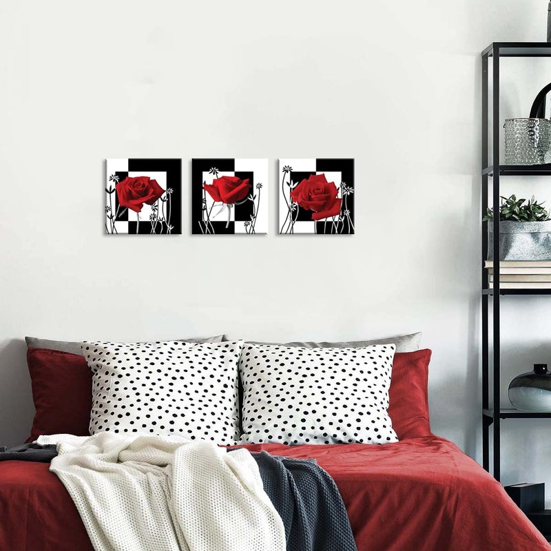 NAN Wind 3 pc Red Rose Wall Decor Black and White Red Rose Pictures for Wall Canvas Art Bedroom Decor Red Wall Art Flower Picture on Canvas for Home Decor Stretched and Framed 12X12inches - Image 3