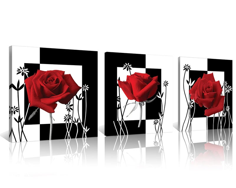 NAN Wind 3 pc Red Rose Wall Decor Black and White Red Rose Pictures for Wall Canvas Art Bedroom Decor Red Wall Art Flower Picture on Canvas for Home Decor Stretched and Framed 12X12inches - Image 1