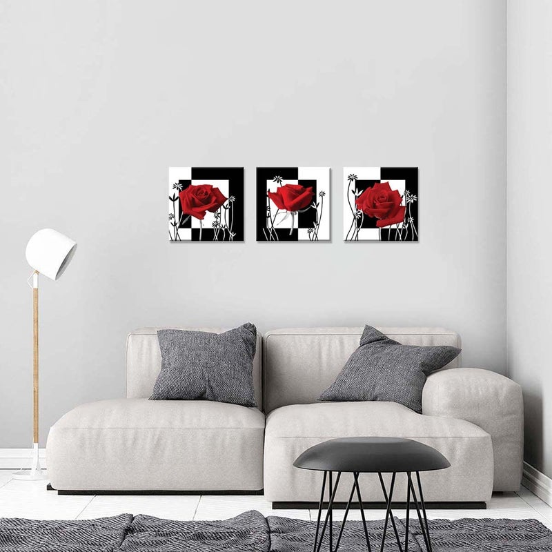 NAN Wind 3 pc Red Rose Wall Decor Black and White Red Rose Pictures for Wall Canvas Art Bedroom Decor Red Wall Art Flower Picture on Canvas for Home Decor Stretched and Framed 12X12inches - Image 4