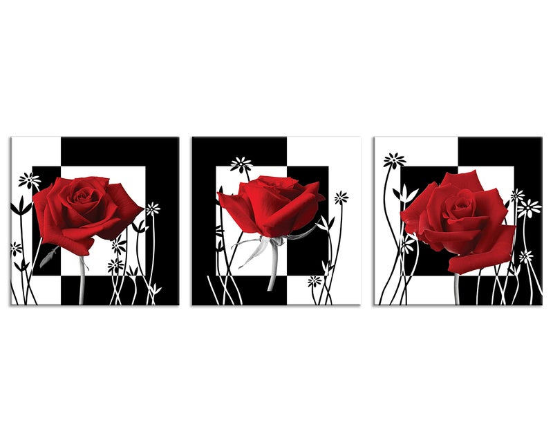 NAN Wind 3 pc Red Rose Wall Decor Black and White Red Rose Pictures for Wall Canvas Art Bedroom Decor Red Wall Art Flower Picture on Canvas for Home Decor Stretched and Framed 12X12inches - Image 2