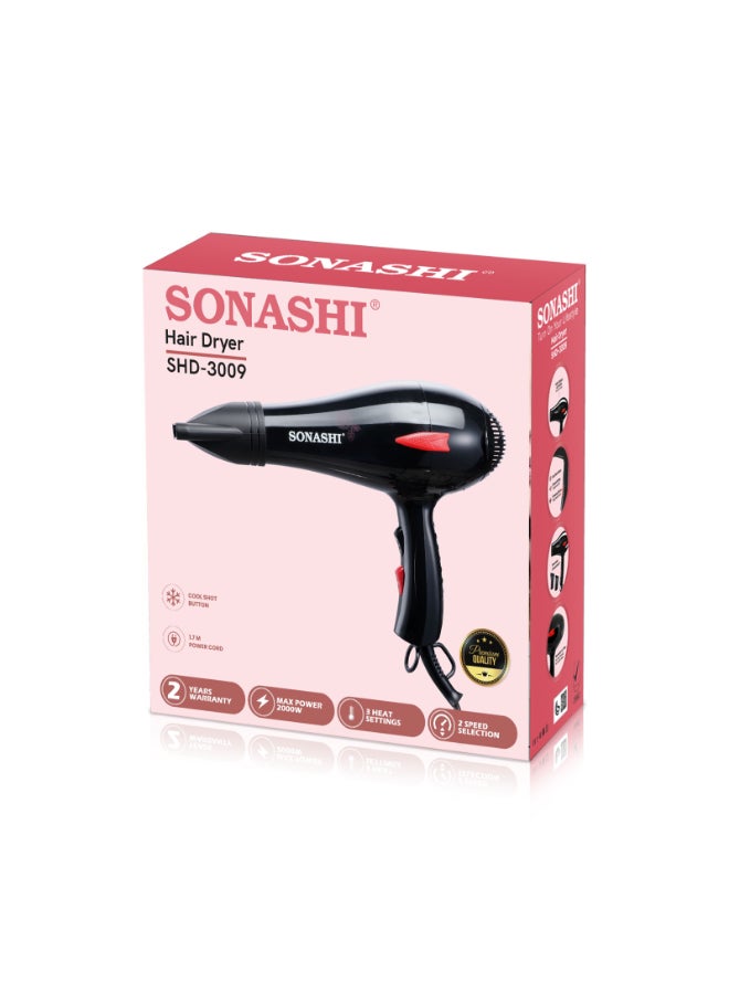 SONASHI Powerful Hair Dryer 2000W, 2 Speed & 3 Heat Setting, Highquality motor with Cold & Hot Wind with Cool Shot Function For Frizz Free Shine with Detachable Cap Hair Dryer for All Hairs SHD-3009 Black - Image 4