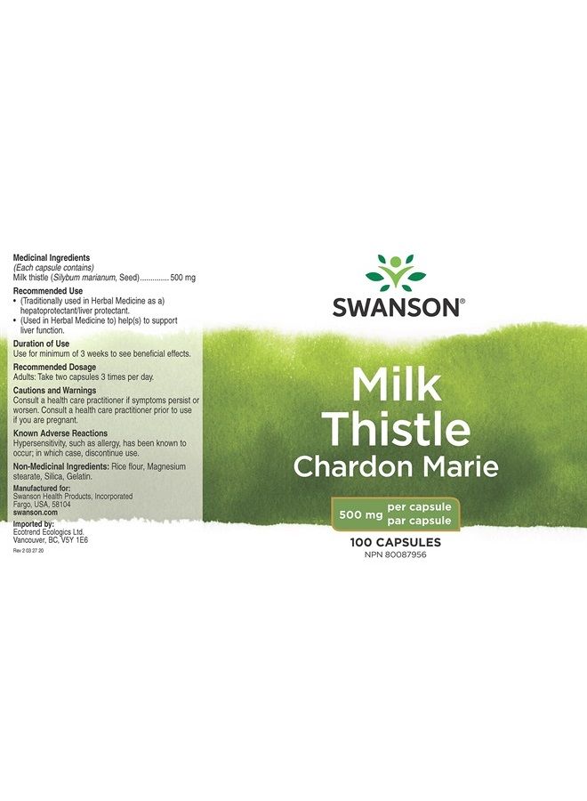SWANSON مكمل دعم الكبد العشبي - حليب الشوك - تركيبة طبيعية تساعد في الحفاظ على الصحة العامة والرفاهية - (100 كبسولة، 500 ملغ لكل منها) - Image 2