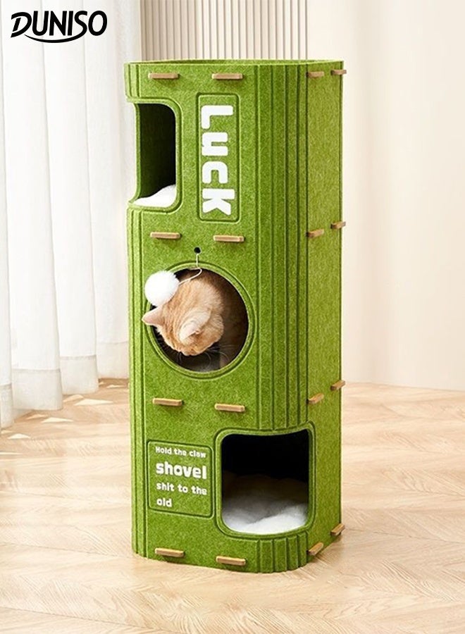 DUNISO منزل قطط متعدد الوظائف 3 طبقات برج كبير قابل للطي عش قطط شبه مغلق مع كرة ف fluffy مضادة للخدش سرير مريح للقطط الداخلية للتخييم والحديقة وغرفة المعيشة - Image 1