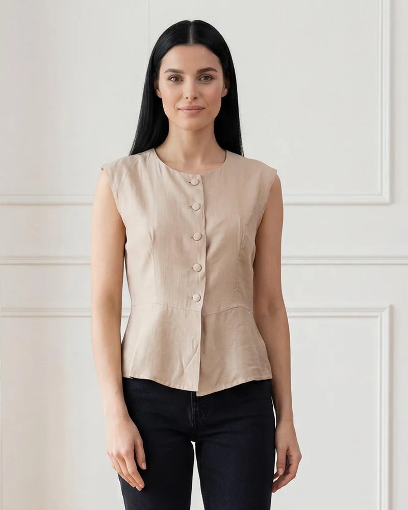 Redtag Women Beige Sleeveless Casual Blouse