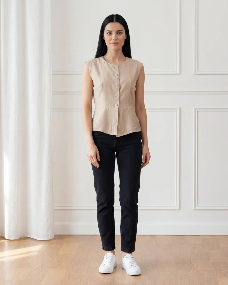 Redtag Women Beige Sleeveless Casual Blouse