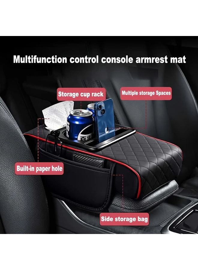 Quilted Faux Leather Car Armrest Pad With Cup Holder And Storage Pockets Black - Image 1