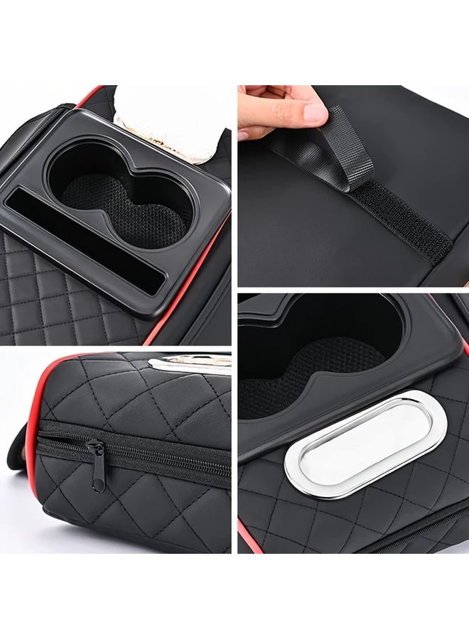 Quilted Faux Leather Car Armrest Pad With Cup Holder And Storage Pockets Black - Image 3