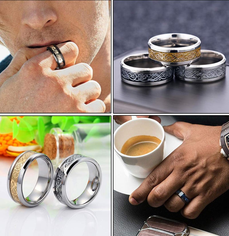 CASDAN 6Pcs 8mm Stainless Steel Rings for Men Celtic Dragon Beveled Edges Celtic Black Rings Carbide Wedding Band Ring Set, 8 - Image 2