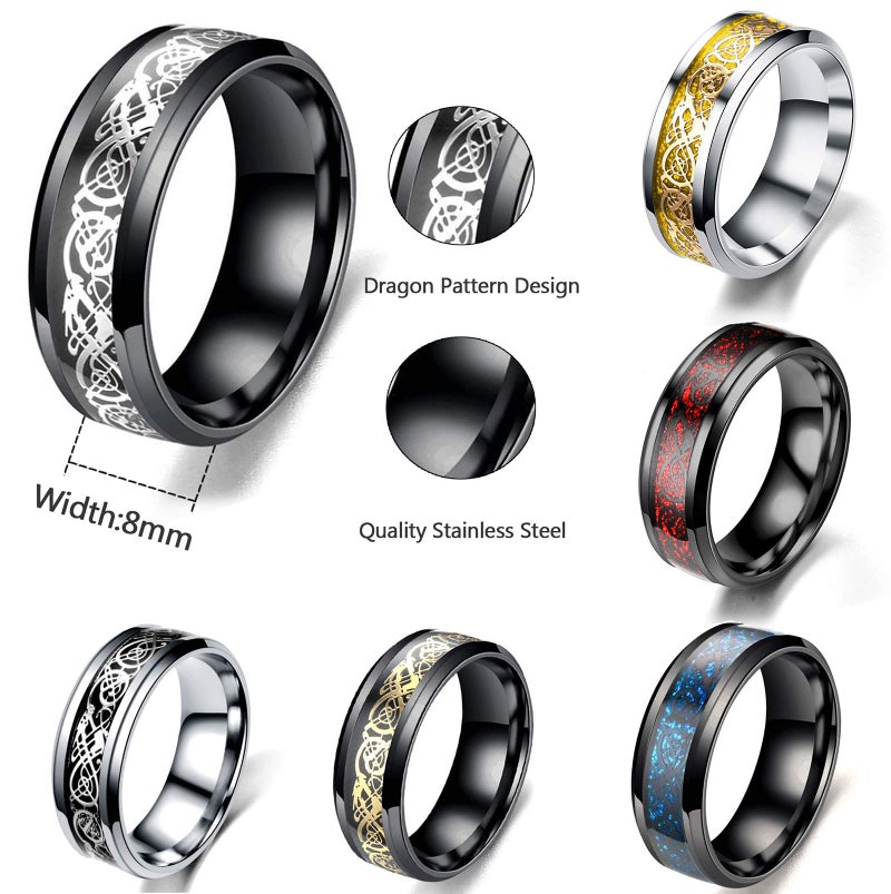 CASDAN 6Pcs 8mm Stainless Steel Rings for Men Celtic Dragon Beveled Edges Celtic Black Rings Carbide Wedding Band Ring Set, 8 - Image 4