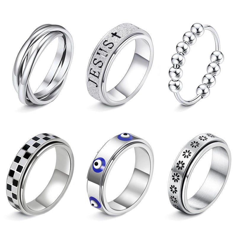 LOFITOR Silver Fidget Rings for Anxiety 6pcs Stainless Steel Spinner Ring Anti Anxiety Ring Spinning Moon Star Cool Stress Relieveing CZ Band Rings Set for Women Men Pattern 7 - Image 1