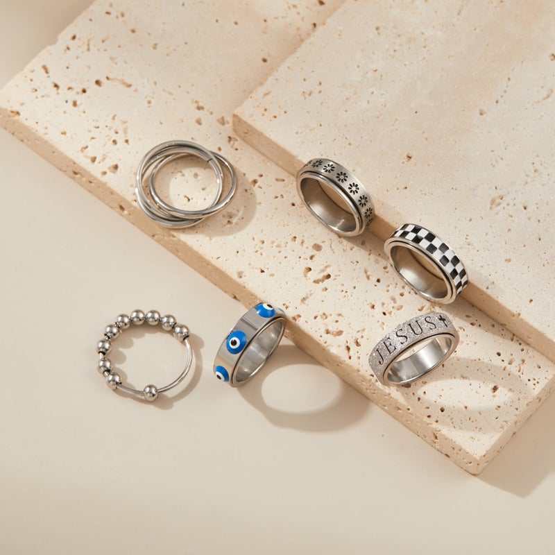 LOFITOR Silver Fidget Rings for Anxiety 6pcs Stainless Steel Spinner Ring Anti Anxiety Ring Spinning Moon Star Cool Stress Relieveing CZ Band Rings Set for Women Men Pattern 7 - Image 2