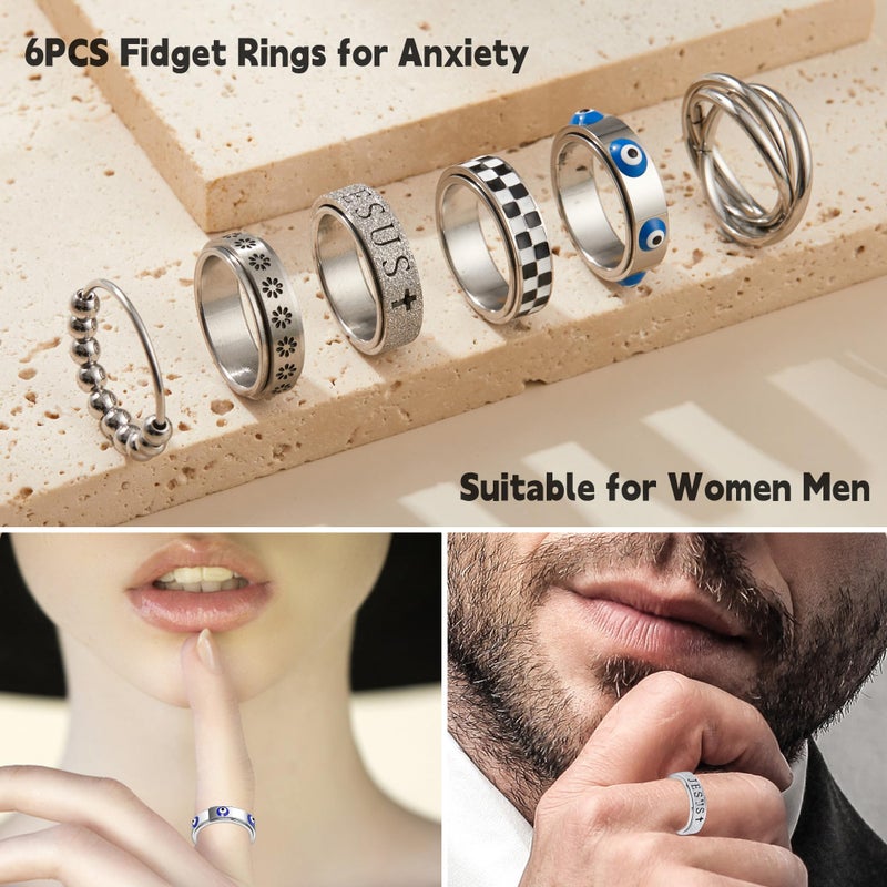 LOFITOR Silver Fidget Rings for Anxiety 6pcs Stainless Steel Spinner Ring Anti Anxiety Ring Spinning Moon Star Cool Stress Relieveing CZ Band Rings Set for Women Men Pattern 7 - Image 3