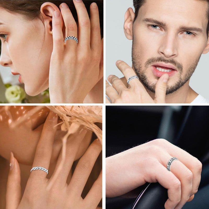 LOFITOR Silver Fidget Rings for Anxiety 6pcs Stainless Steel Spinner Ring Anti Anxiety Ring Spinning Moon Star Cool Stress Relieveing CZ Band Rings Set for Women Men Pattern 7 - Image 4