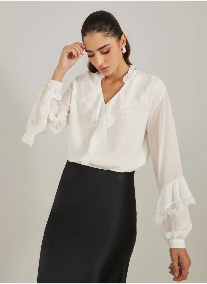 Styli Ruffled Detail Lace Insert V-Neck Blouse