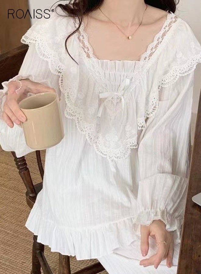 رويس طقم قميص نوم نسائي بأكمام طويلة على طراز الأميرة الملكية، مقاس كبير، ملابس نوم أنيقة مزينة بدانتيل جميل، طقم ملابس منزلية فضفاضة لليالي مريحة - Image 4