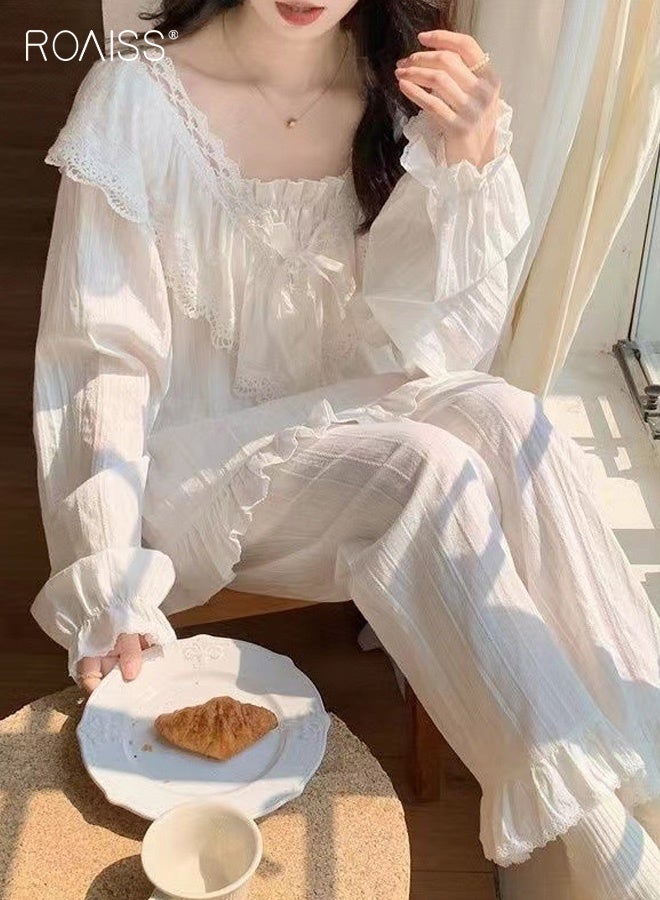 رويس طقم قميص نوم نسائي بأكمام طويلة على طراز الأميرة الملكية، مقاس كبير، ملابس نوم أنيقة مزينة بدانتيل جميل، طقم ملابس منزلية فضفاضة لليالي مريحة - Image 2