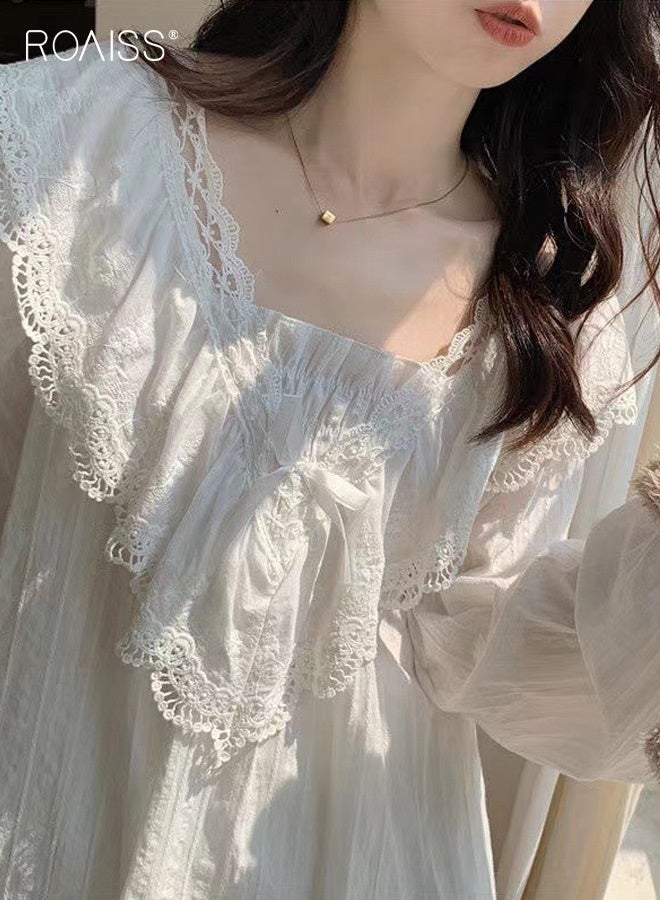 رويس طقم قميص نوم نسائي بأكمام طويلة على طراز الأميرة الملكية، مقاس كبير، ملابس نوم أنيقة مزينة بدانتيل جميل، طقم ملابس منزلية فضفاضة لليالي مريحة - Image 5