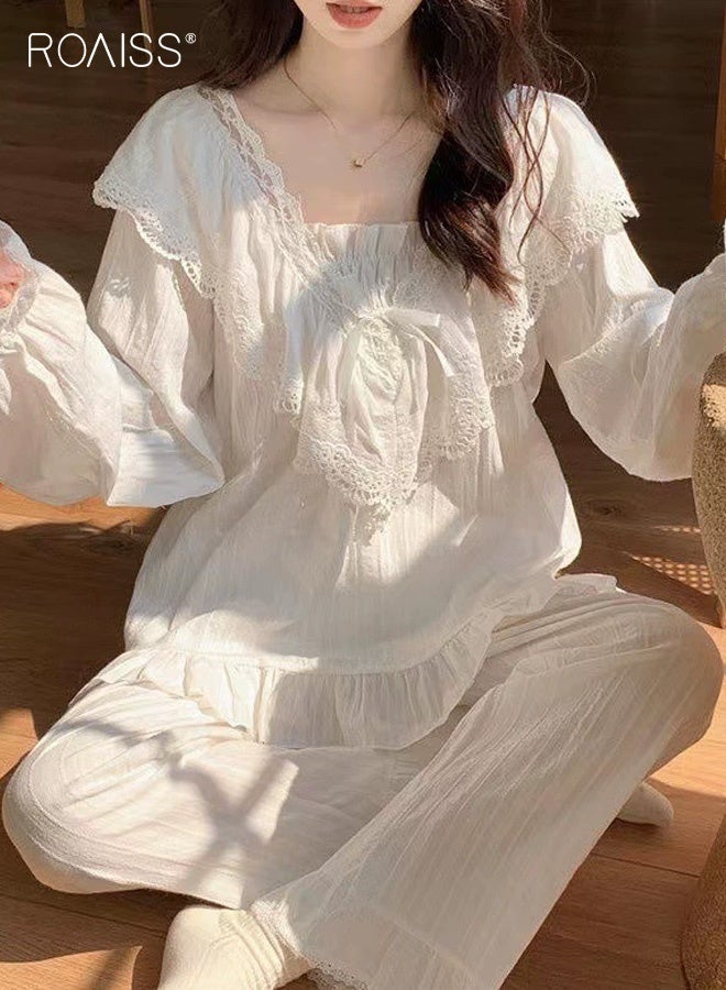 رويس طقم قميص نوم نسائي بأكمام طويلة على طراز الأميرة الملكية، مقاس كبير، ملابس نوم أنيقة مزينة بدانتيل جميل، طقم ملابس منزلية فضفاضة لليالي مريحة - Image 1