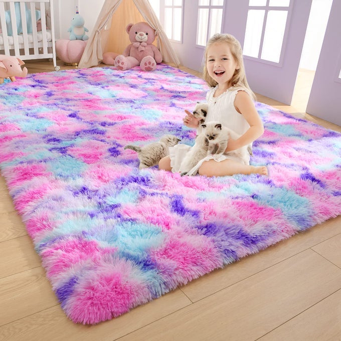 SOFT RAINBOW AREA RUGS FOR GIRLS ROOM 4X6 FEET FLUFFY BEDROOM RUGS PRINCESS RUG CUTE COLORFUL CARPET FOR KIDS TEENS NURSERY TODDLER HOT PINK