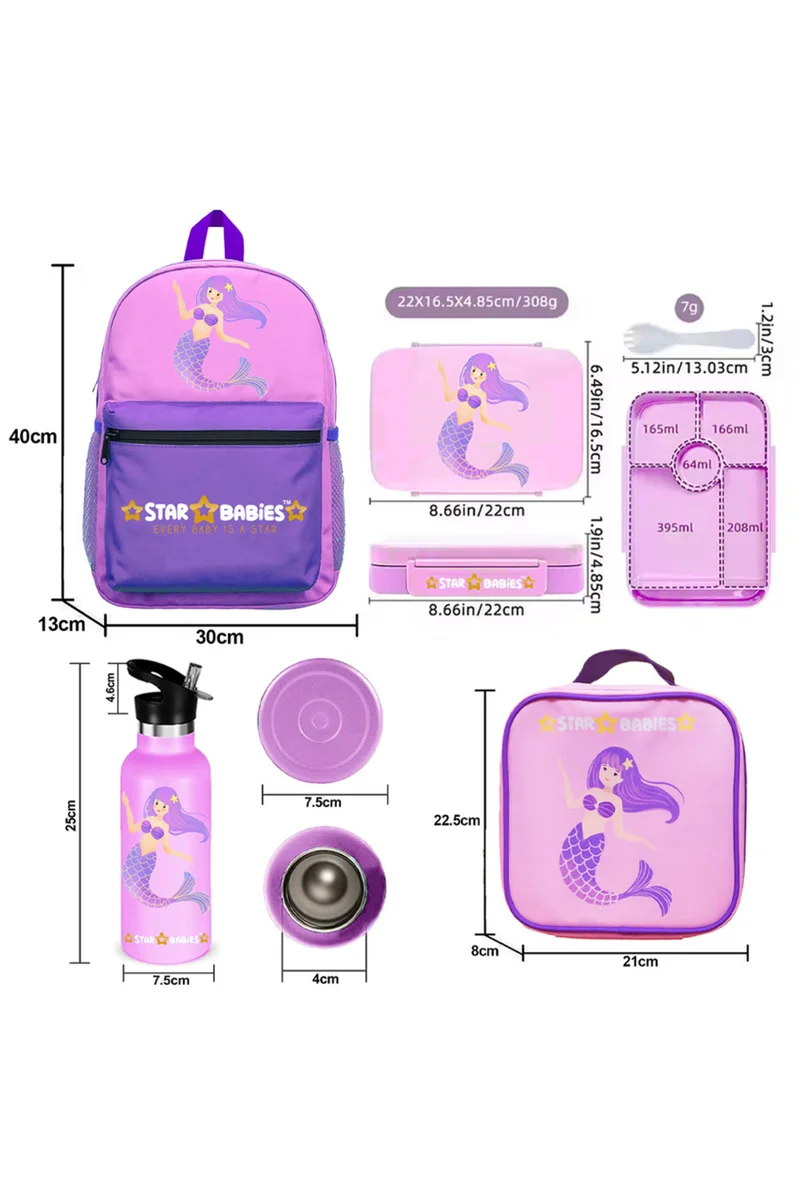 ستار بيبيز Star Babies 16-Inch Little Mermaid Themed Children's Backpack for girls Adjustable Shoulder Strap for Hiking Large with 500 ml Stainless Steel Water Bottle and Bento Lunch Box with 4 Compartments, Leak-Proof, Toddler-Friendly,and Bento Lunch Bag and Pencil Case, Pack of 5