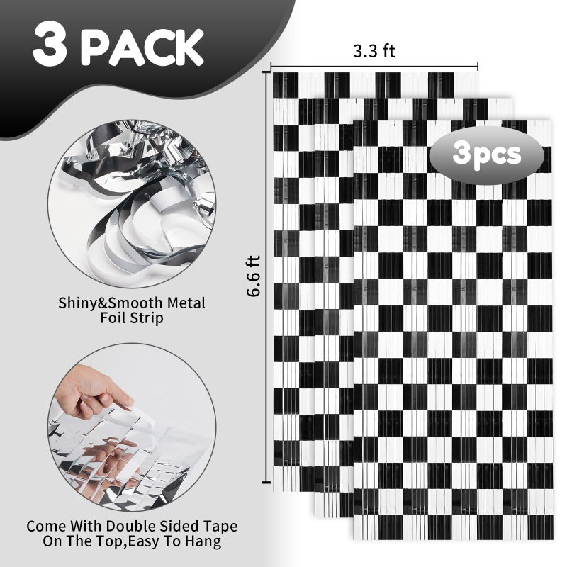 Vagilelf 3 Pack Black and White Checkered Backdrop, Race Car Birthday Party Decorations with Metallic Fringe, Speedway Photo Booth & Entrance Decor - Image 2