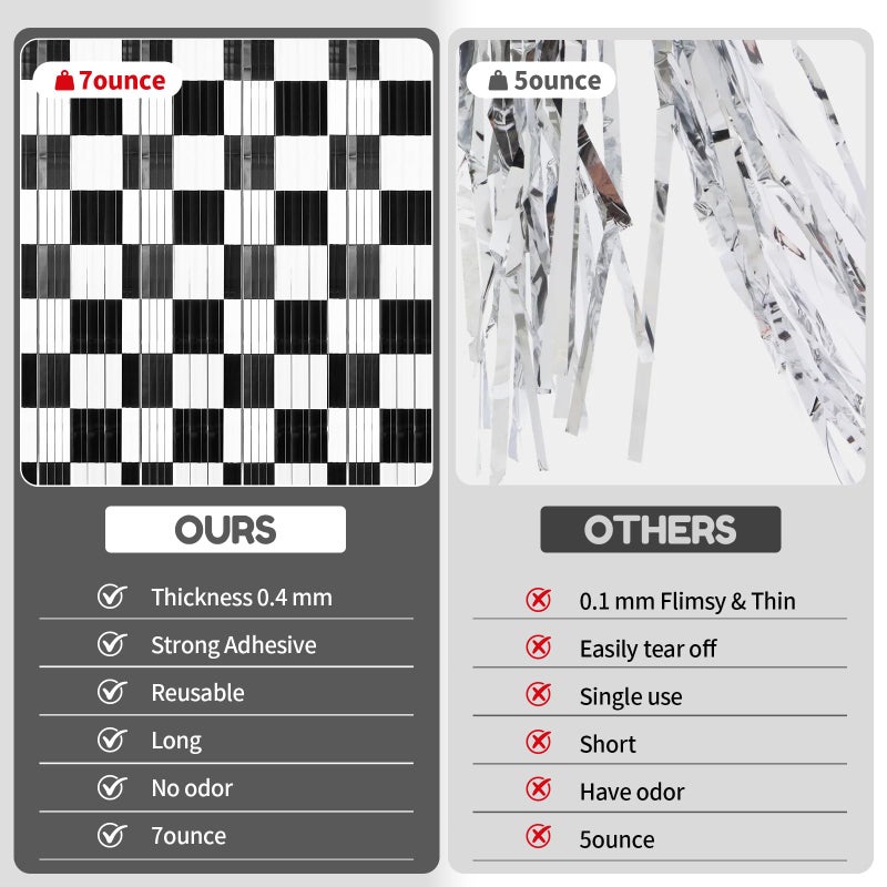 Vagilelf 3 Pack Black and White Checkered Backdrop, Race Car Birthday Party Decorations with Metallic Fringe, Speedway Photo Booth & Entrance Decor - Image 5