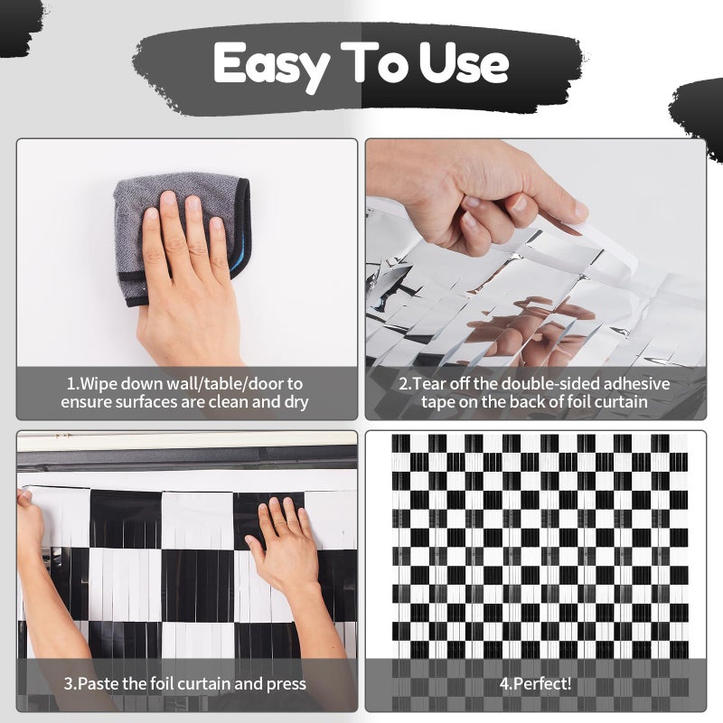 Vagilelf 3 Pack Black and White Checkered Backdrop, Race Car Birthday Party Decorations with Metallic Fringe, Speedway Photo Booth & Entrance Decor - Image 4
