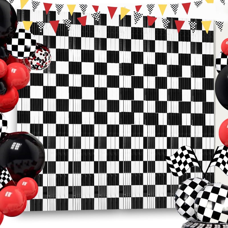 Vagilelf 3 Pack Black and White Checkered Backdrop, Race Car Birthday Party Decorations with Metallic Fringe, Speedway Photo Booth & Entrance Decor - Image 1