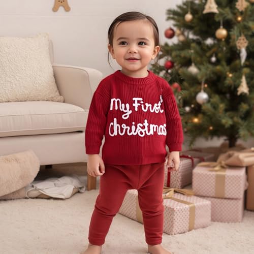 allshope Newborn Baby Girl Boy Christmas Knit Sweater My First Christmas Hat Embroidery Winter Sweatshirt Outfit Fall Clothes (Red, 0-3 Months) - Image 2
