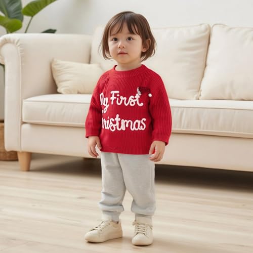 allshope Newborn Baby Girl Boy Christmas Knit Sweater My First Christmas Hat Embroidery Winter Sweatshirt Outfit Fall Clothes (Red, 0-3 Months) - Image 3
