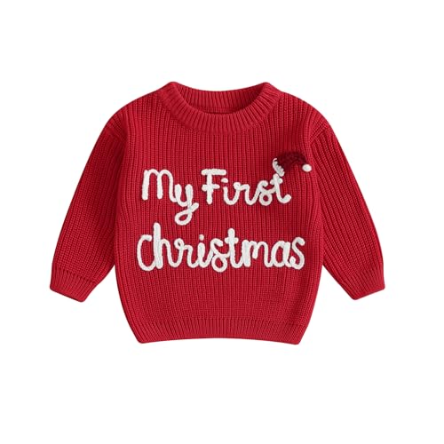 allshope Newborn Baby Girl Boy Christmas Knit Sweater My First Christmas Hat Embroidery Winter Sweatshirt Outfit Fall Clothes (Red, 0-3 Months) - Image 1