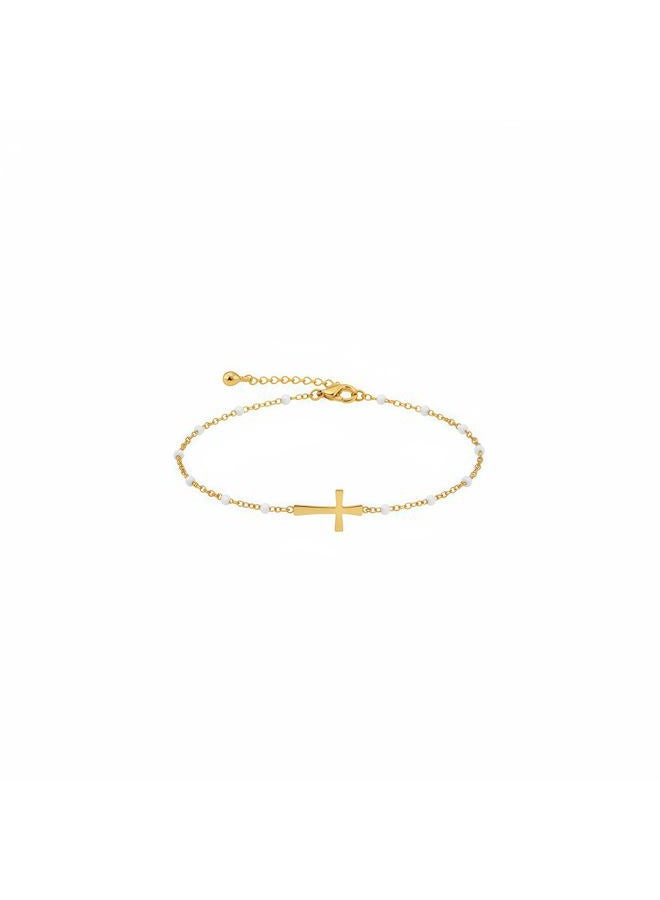 Mauzew 18K Gold Plated Beaded Cross Bracelet for Women Christian Crucifix Rosary Cross Bracelets Dainty Stainless Steel Minimalist Faith Jewelry, 6.3 inches, Stainless Steel, no gemstone - Image 1