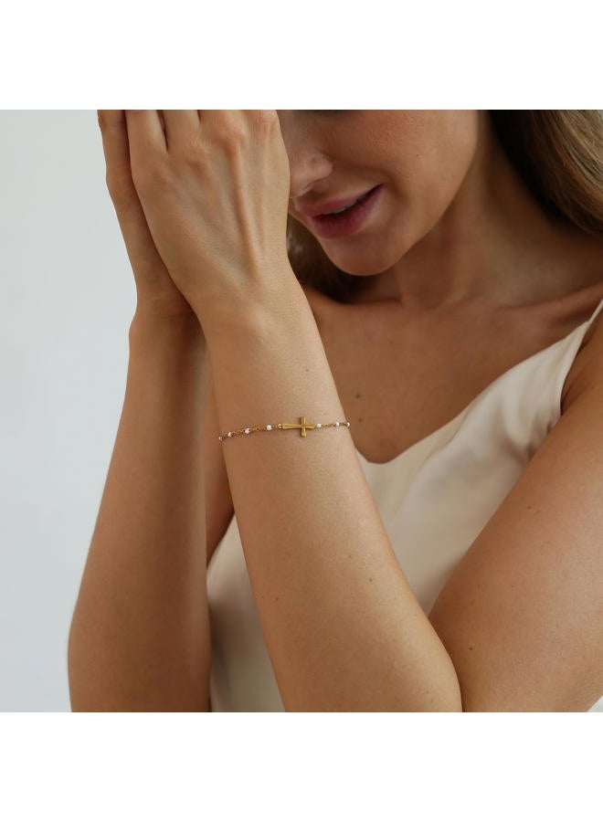 Mauzew 18K Gold Plated Beaded Cross Bracelet for Women Christian Crucifix Rosary Cross Bracelets Dainty Stainless Steel Minimalist Faith Jewelry, 6.3 inches, Stainless Steel, no gemstone - Image 3