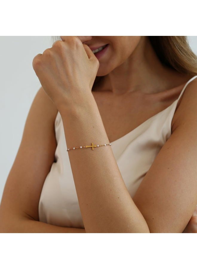Mauzew 18K Gold Plated Beaded Cross Bracelet for Women Christian Crucifix Rosary Cross Bracelets Dainty Stainless Steel Minimalist Faith Jewelry, 6.3 inches, Stainless Steel, no gemstone - Image 2