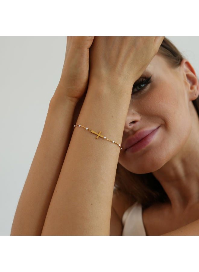 Mauzew 18K Gold Plated Beaded Cross Bracelet for Women Christian Crucifix Rosary Cross Bracelets Dainty Stainless Steel Minimalist Faith Jewelry, 6.3 inches, Stainless Steel, no gemstone - Image 5