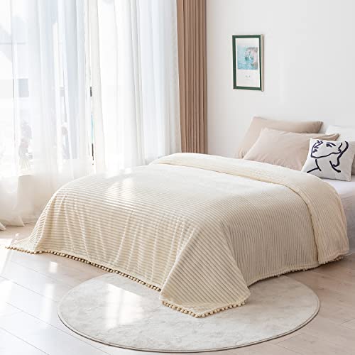 DISSA Fleece Blanket Queen Size – 90x90, Beige - Soft, Plush, Fluffy, Fuzzy, Warm, Cozy – Perfect Throw for Couch, Bed, Sofa - with Pompom Fringe - Flannel Blanket - Image 5