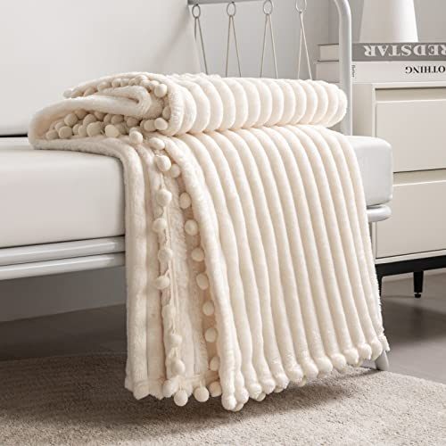 DISSA Fleece Blanket Queen Size – 90x90, Beige - Soft, Plush, Fluffy, Fuzzy, Warm, Cozy – Perfect Throw for Couch, Bed, Sofa - with Pompom Fringe - Flannel Blanket - Image 1