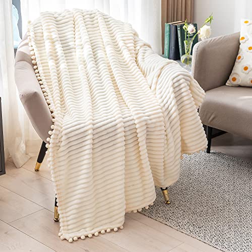 DISSA Fleece Blanket Queen Size – 90x90, Beige - Soft, Plush, Fluffy, Fuzzy, Warm, Cozy – Perfect Throw for Couch, Bed, Sofa - with Pompom Fringe - Flannel Blanket - Image 4