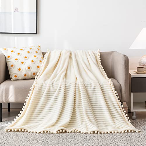 DISSA Fleece Blanket Queen Size – 90x90, Beige - Soft, Plush, Fluffy, Fuzzy, Warm, Cozy – Perfect Throw for Couch, Bed, Sofa - with Pompom Fringe - Flannel Blanket - Image 2