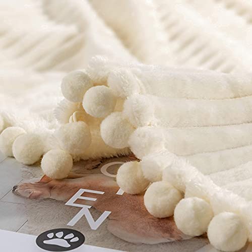 DISSA Fleece Blanket Queen Size – 90x90, Beige - Soft, Plush, Fluffy, Fuzzy, Warm, Cozy – Perfect Throw for Couch, Bed, Sofa - with Pompom Fringe - Flannel Blanket - Image 3