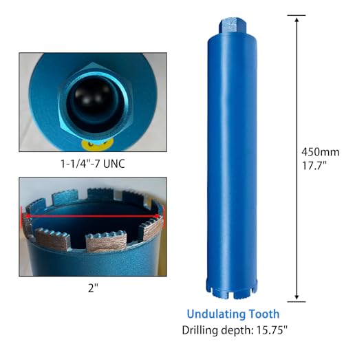 LCubro 2" Wet Core Drill Bits with 1-1/4"-7 Thread Featuring 15.74" Drilling Depth 10mm Diamond Segment Specifically Designed for Heavy-Duty Applications in Reinforced Concrete Brick and Masonry - Image 2