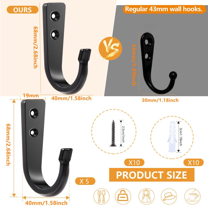 WODEGIFT 5 Large Size Heavy Duty Wall Hooks, Coat Hooks for Hanging Pans, Backpacks, Coats, Garage Items (Black) - Image 2